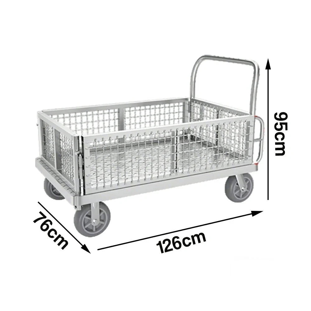 GROVIA Industrial Heavy-Duty Mesh Platform Trolley - 126x76cm, Foldable Cage Design, Quiet 8-Inch Rubber Wheels, High Load Capacity - Silver - Image 5