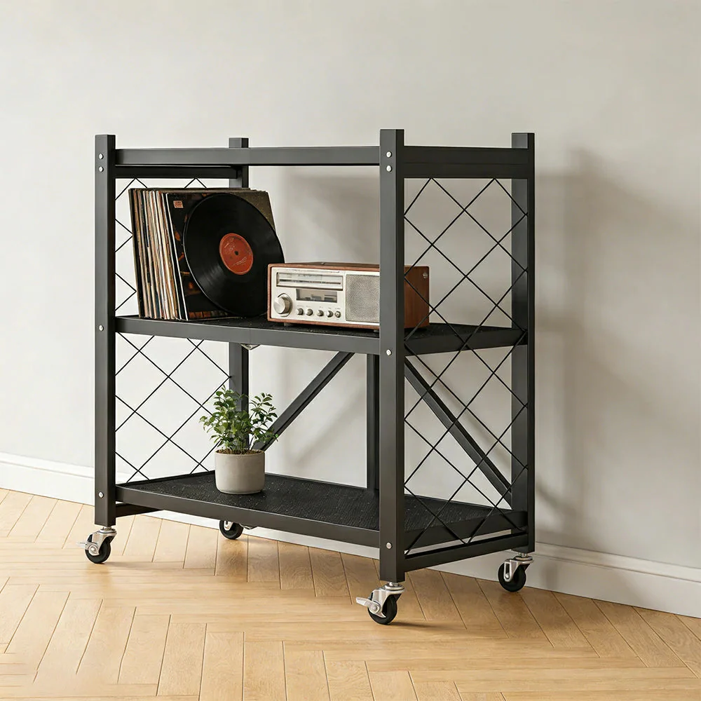 GROVIA 3-Tier Storage Rack, Tool-Free Snap-Lock Assembly, Heavy-Duty Steel Frame, Smooth Castors, Ventilated Shelves - Black - Image 2