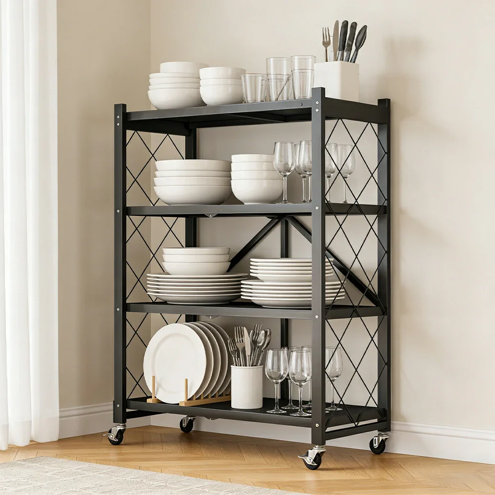 GROVIA 4-Tier Storage Rack, Tool-Free Snap-Lock Assembly, Heavy-Duty Steel Frame, Smooth Castors, Ventilated Shelves - Black - Image 4
