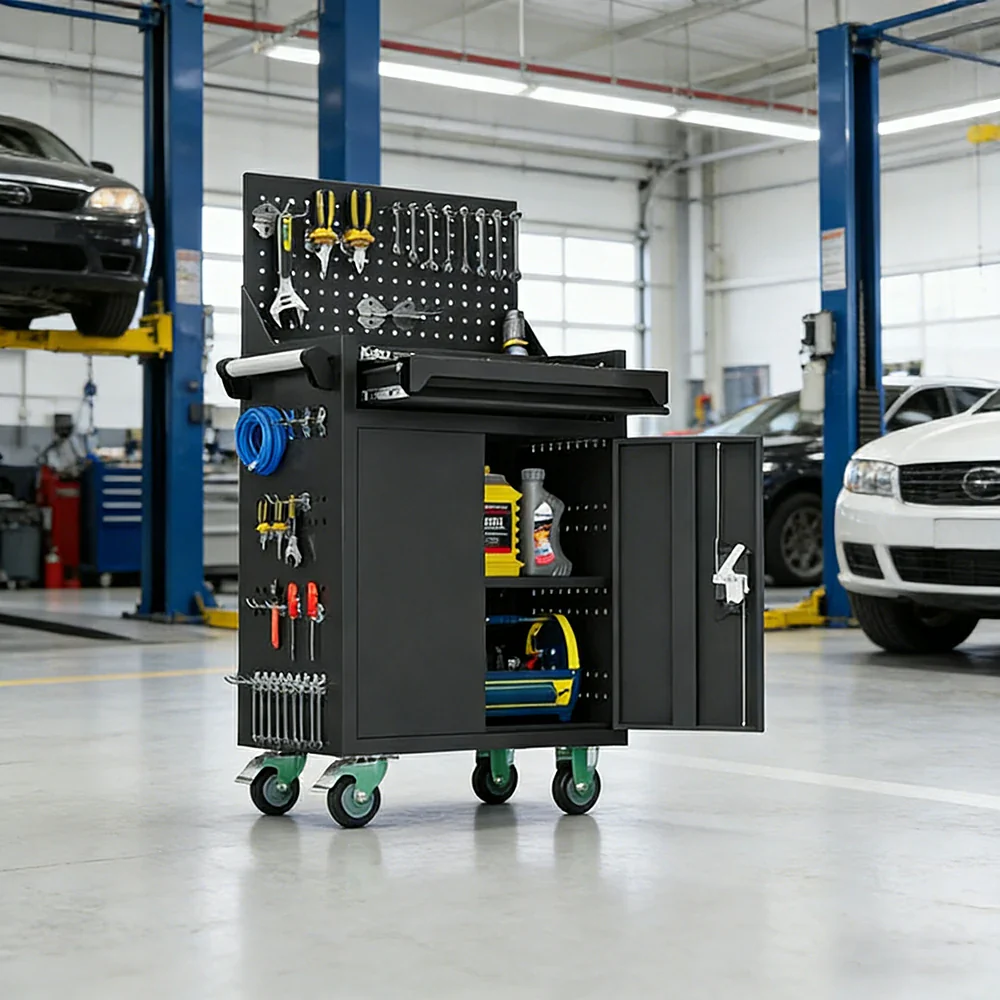 GROVIA Mobile Tool Trolley with Pegboard - Single Drawer Design, Heavy-Duty Steel Cabinet, Lockable Storage for Workshop & Garage - Graphite Grey - Image 2