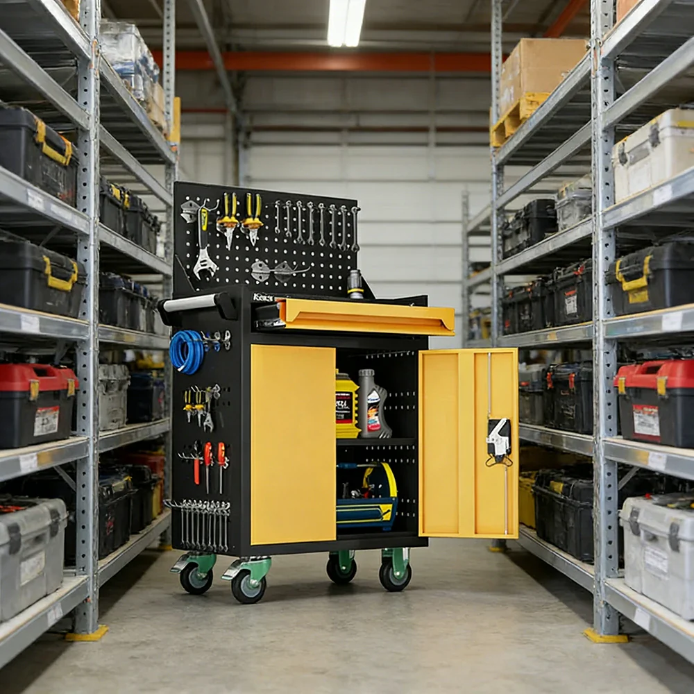 GROVIA Mobile Tool Trolley with Pegboard - Single Drawer Design, Heavy-Duty Steel Cabinet, Lockable Storage for Workshop & Garage - Yellow - Image 2