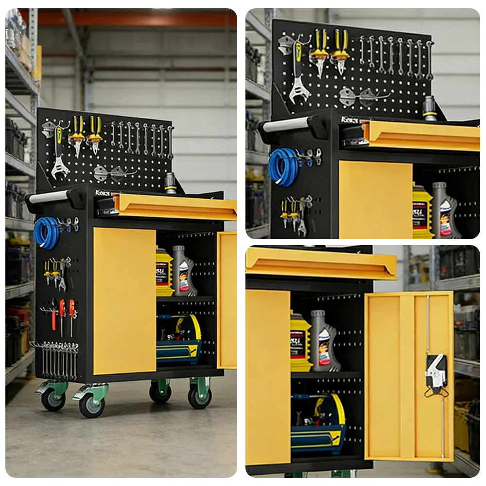 GROVIA Mobile Tool Trolley with Pegboard - Single Drawer Design, Heavy-Duty Steel Cabinet, Lockable Storage for Workshop & Garage - Yellow - Image 3