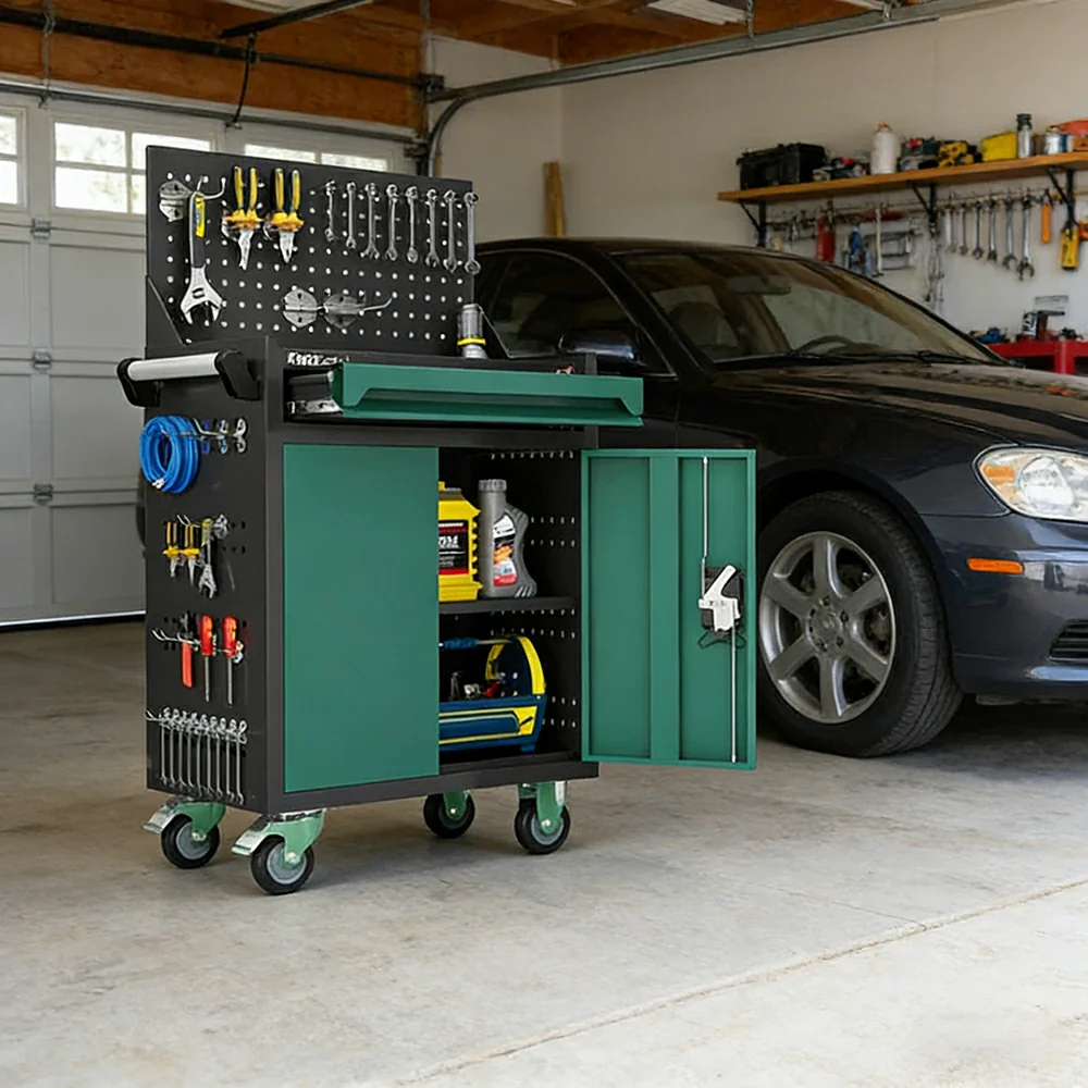 GROVIA Mobile Tool Trolley with Pegboard - Single Drawer Design, Heavy-Duty Steel Cabinet, Lockable Storage for Workshop & Garage - Green - Image 2