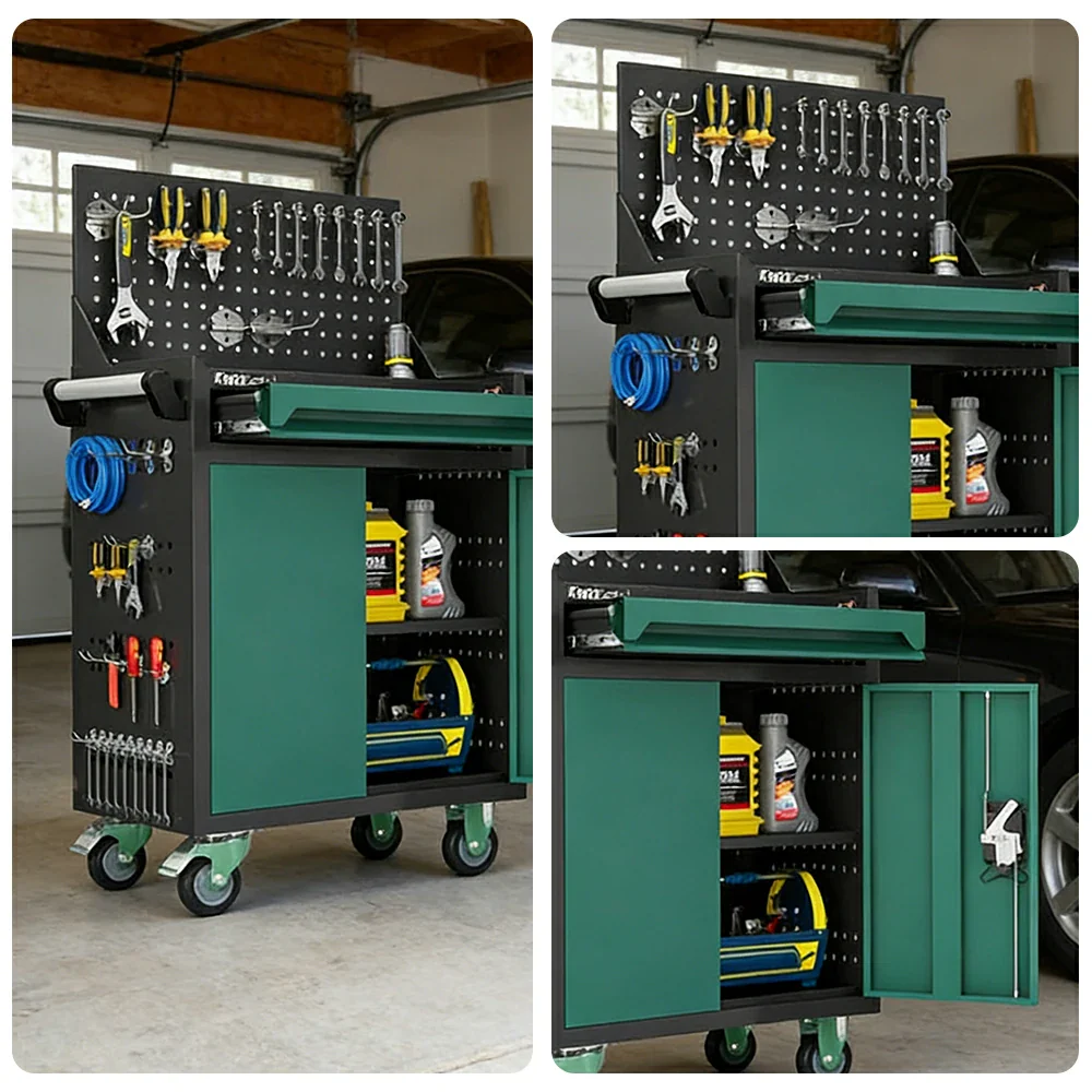 GROVIA Mobile Tool Trolley with Pegboard - Single Drawer Design, Heavy-Duty Steel Cabinet, Lockable Storage for Workshop & Garage - Green - Image 3