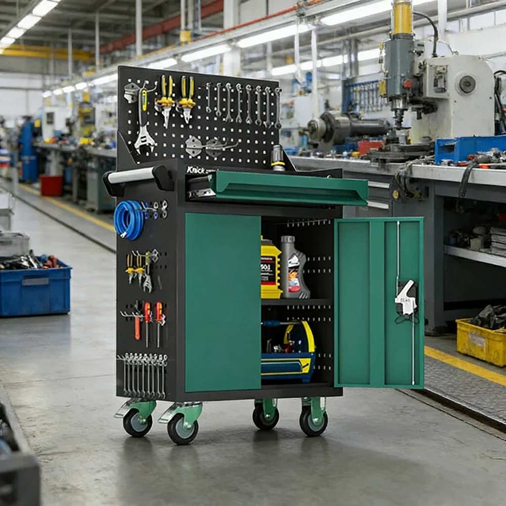 GROVIA Mobile Tool Trolley with Pegboard - Single Drawer Design, Heavy-Duty Steel Cabinet, Lockable Storage for Workshop & Garage - Green - Image 4