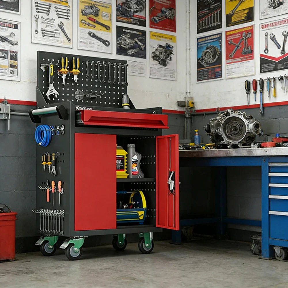 GROVIA Mobile Tool Trolley with Pegboard - Single Drawer Design, Heavy-Duty Steel Cabinet, Lockable Storage for Workshop & Garage - Red - Image 2