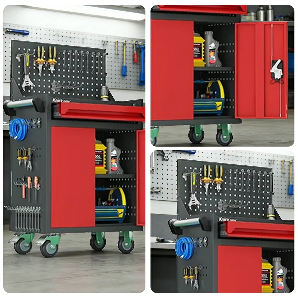 GROVIA Mobile Tool Trolley with Pegboard - Single Drawer Design, Heavy-Duty Steel Cabinet, Lockable Storage for Workshop & Garage - Red - Image 3