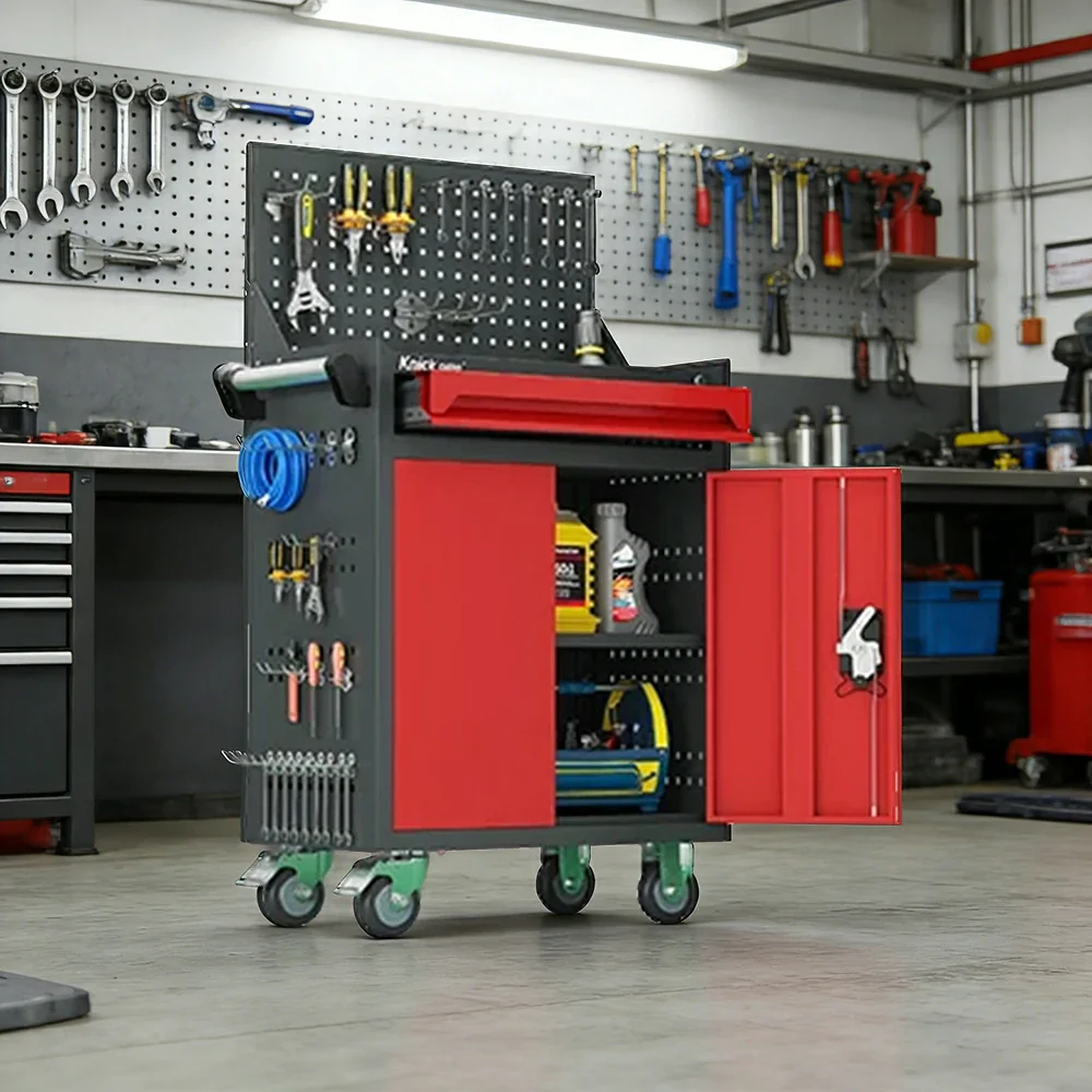 GROVIA Mobile Tool Trolley with Pegboard - Single Drawer Design, Heavy-Duty Steel Cabinet, Lockable Storage for Workshop & Garage - Red - Image 4