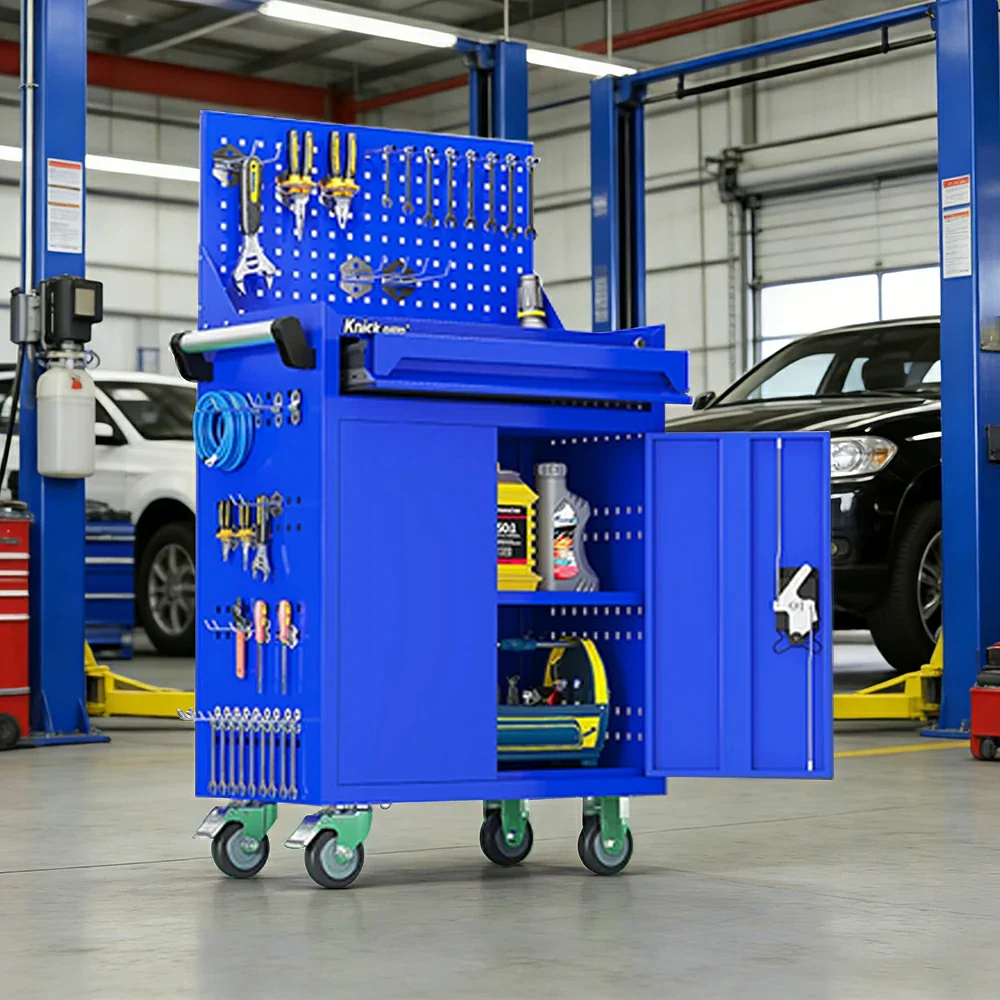 GROVIA Mobile Tool Trolley with Pegboard - Single Drawer Design, Heavy-Duty Steel Cabinet, Lockable Storage for Workshop & Garage - Blue - Image 2