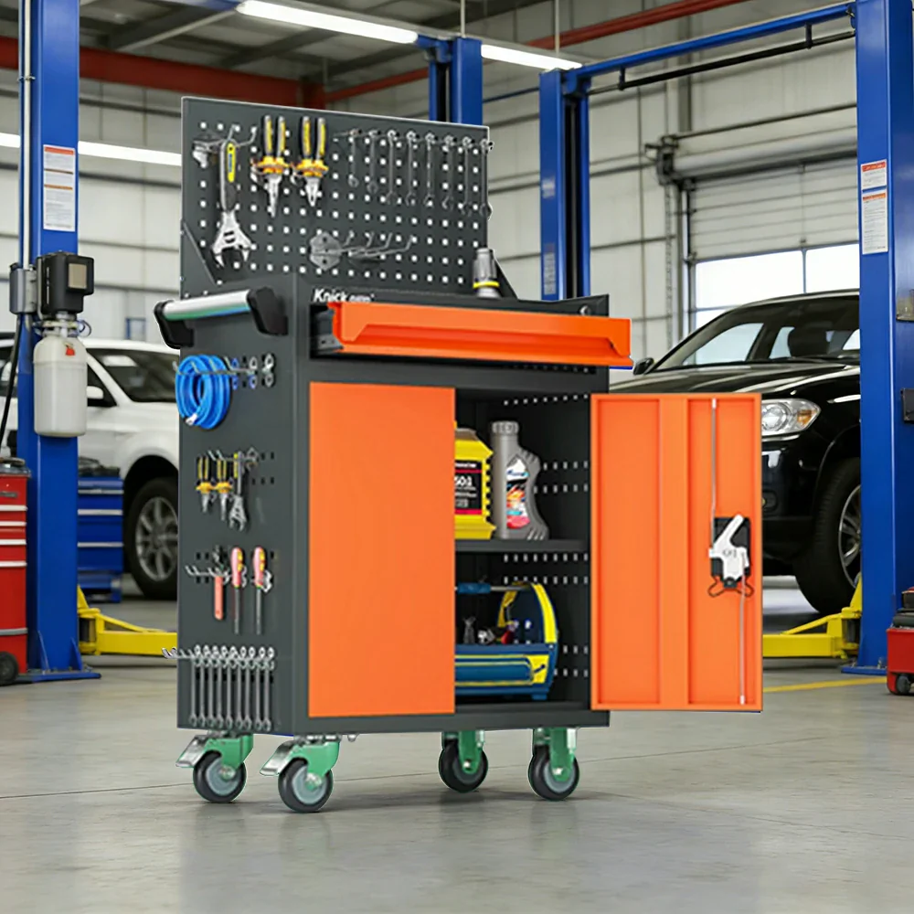 GROVIA Mobile Tool Trolley with Pegboard - Single Drawer Design, Heavy-Duty Steel Cabinet, Lockable Storage for Workshop & Garage - Orange - Image 2