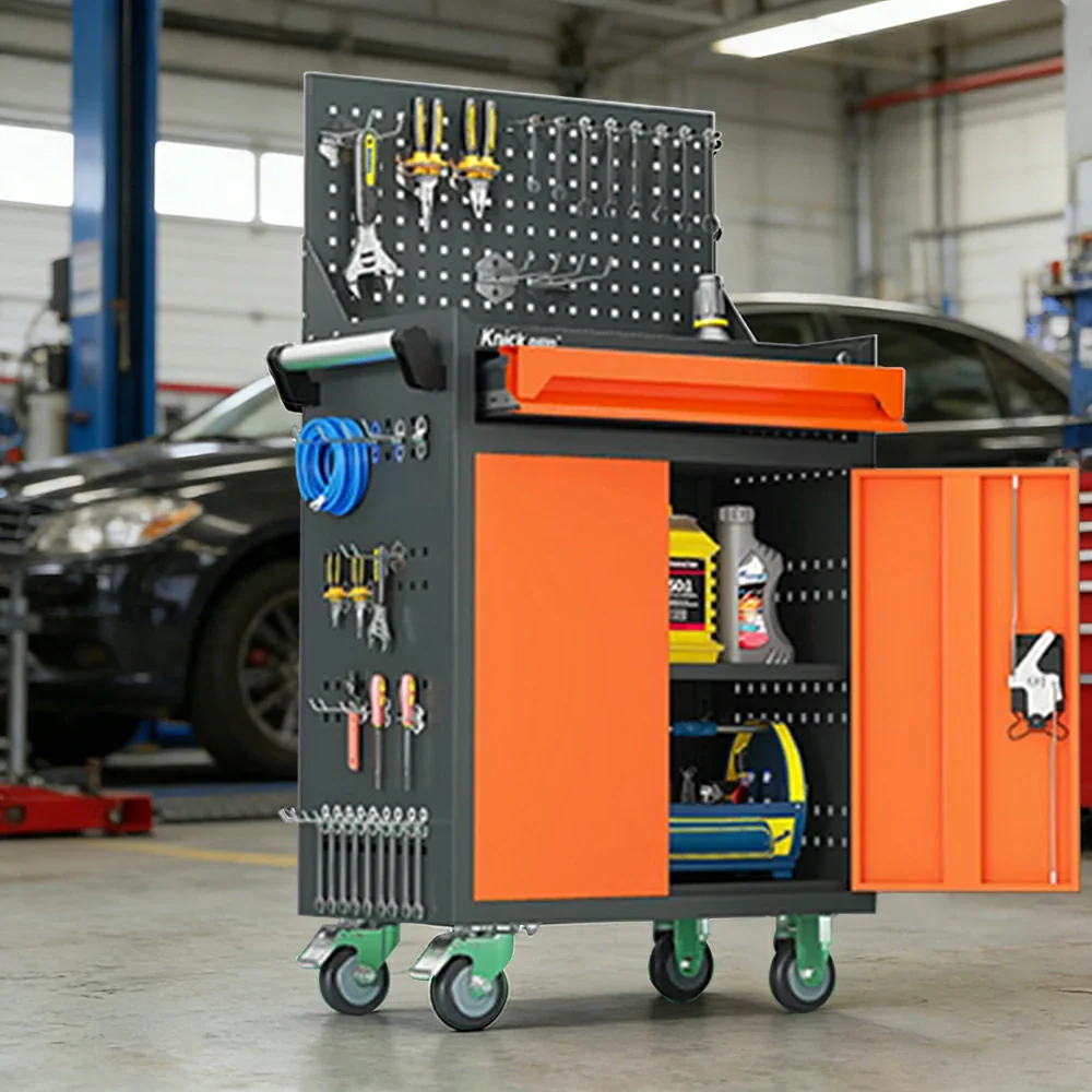 GROVIA Mobile Tool Trolley with Pegboard - Single Drawer Design, Heavy-Duty Steel Cabinet, Lockable Storage for Workshop & Garage - Orange - Image 4