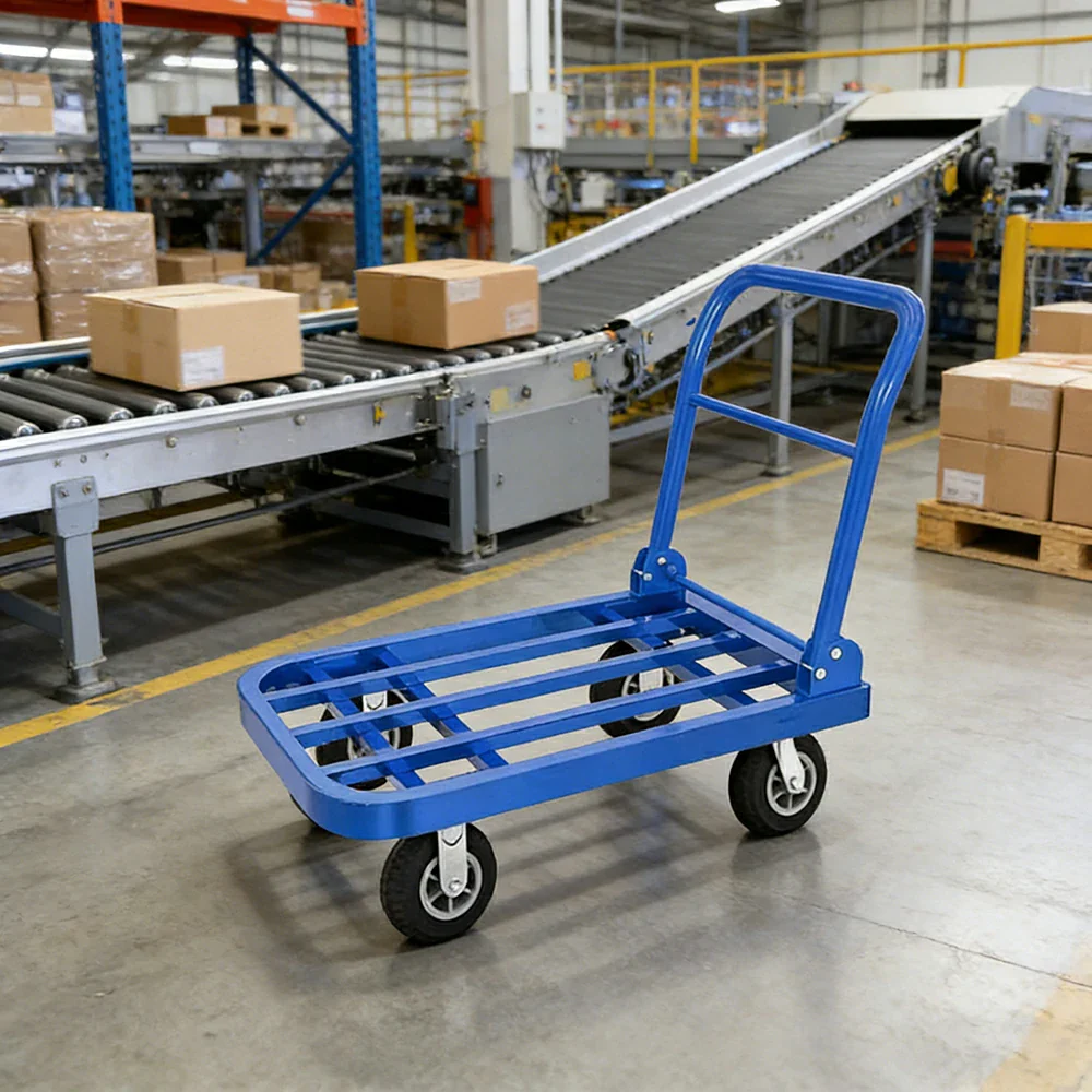 GROVIA Heavy-Duty Folding Platform Trolley - 75/90cm, Ultra-Quiet 6-Inch Black Rubber Wheels, 375/425kg Load Capacity, Industrial Warehouse Transport - Blue - Image 2