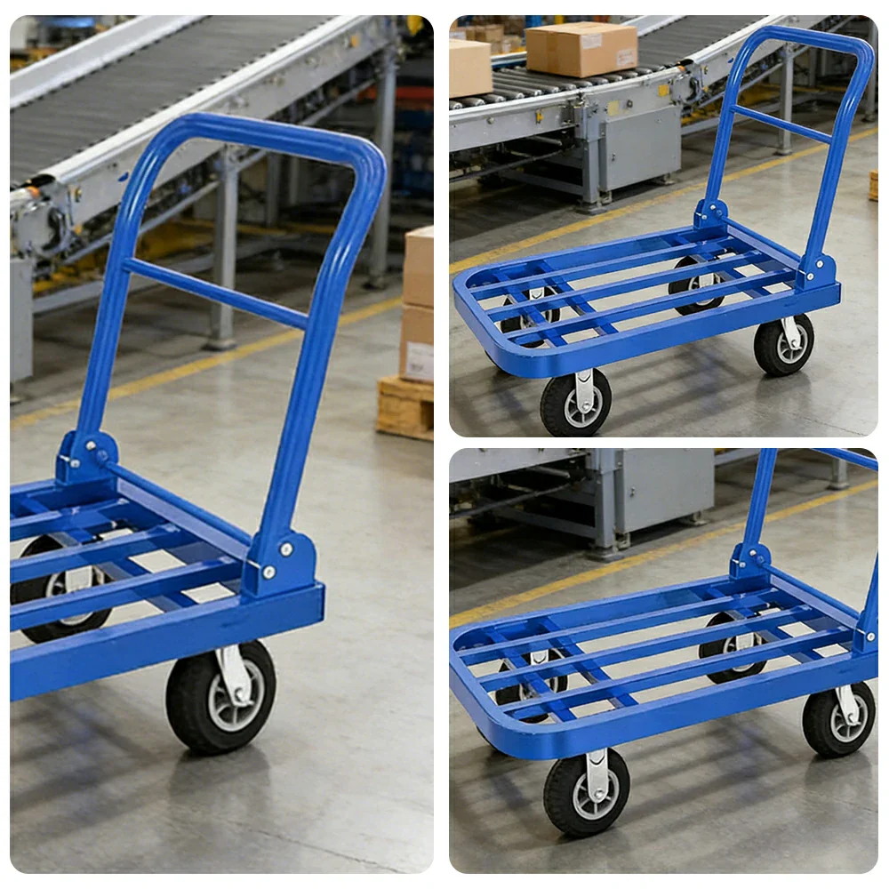 GROVIA Heavy-Duty Folding Platform Trolley - 75/90cm, Ultra-Quiet 6-Inch Black Rubber Wheels, 375/425kg Load Capacity, Industrial Warehouse Transport - Blue - Image 3