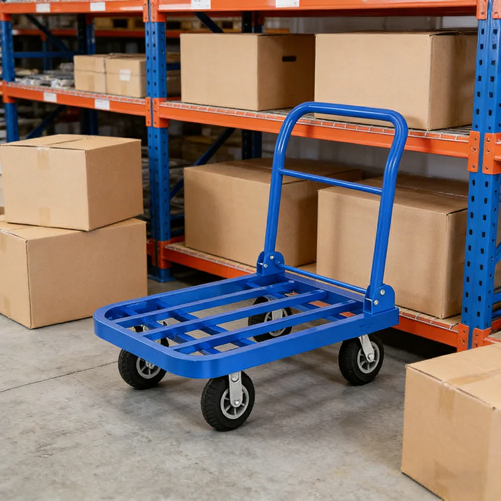 GROVIA Heavy-Duty Folding Platform Trolley - 75/90cm, Ultra-Quiet 6-Inch Black Rubber Wheels, 375/425kg Load Capacity, Industrial Warehouse Transport - Blue - Image 4