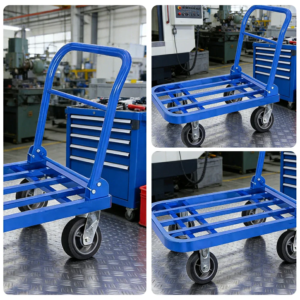 GROVIA Heavy-Duty Folding Platform Trolley - 75/90cm, Effort-Saving Design, 6-Inch Grey Rubber Wheels, 375/425kg Load Capacity, Industrial Warehouse Transport - Blue - Image 3