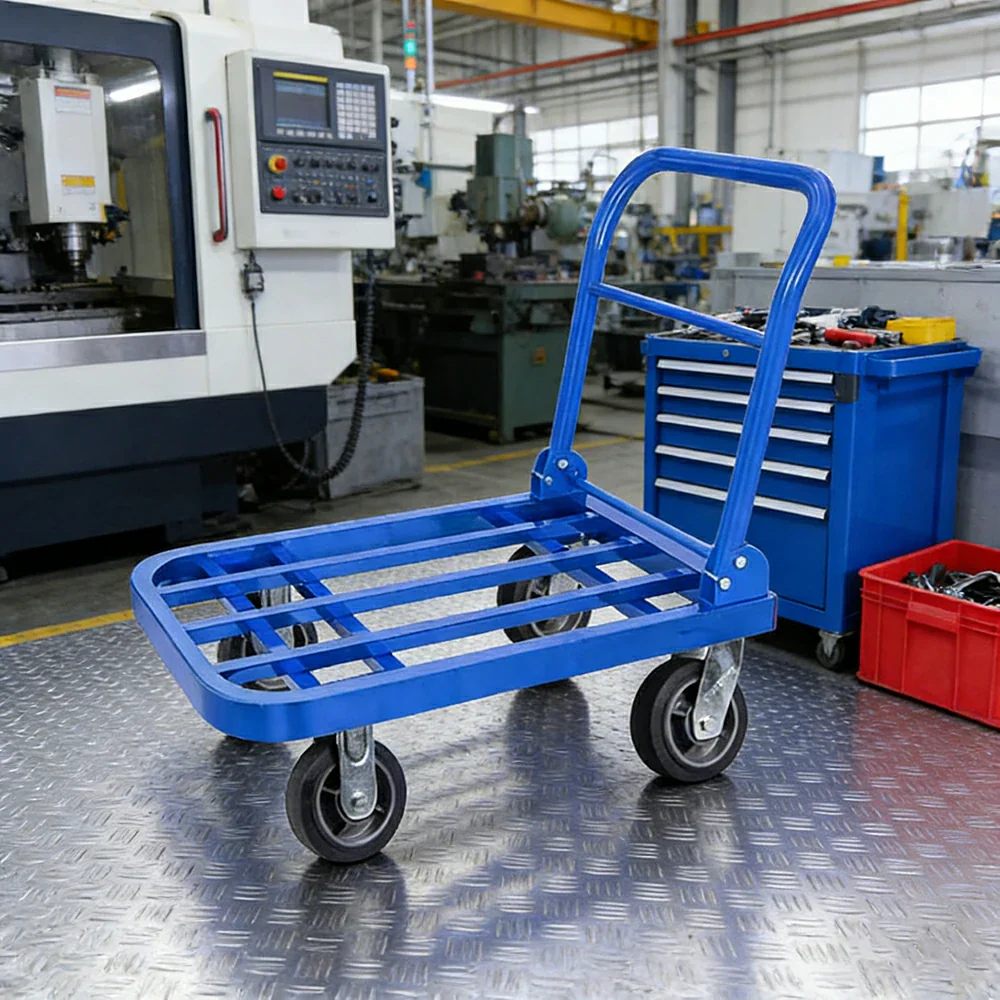 GROVIA Heavy-Duty Folding Platform Trolley - 75/90cm, Effort-Saving Design, 6-Inch Grey Rubber Wheels, 375/425kg Load Capacity, Industrial Warehouse Transport - Blue - Image 4