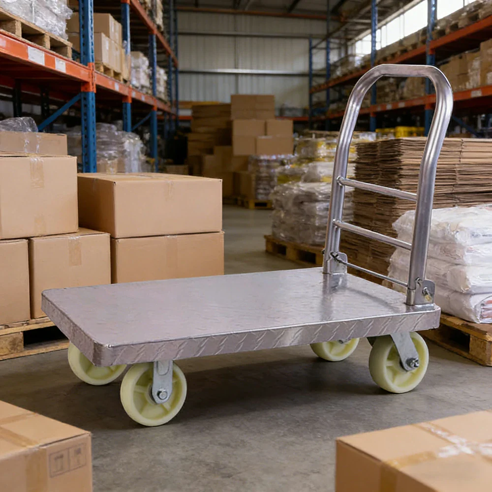 GROVIA Heavy-Duty Steel Platform Trolley - 73/90cm, 6-Inch Nylon Wheels, 350/450kg Load Capacity, Industrial Warehouse Transport - Silver - Image 2
