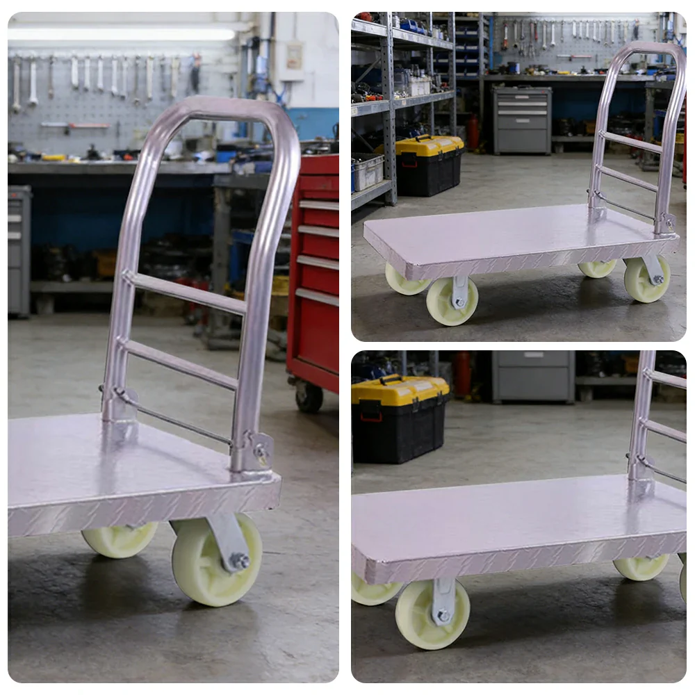 GROVIA Heavy-Duty Steel Platform Trolley - 73/90cm, 6-Inch Nylon Wheels, 350/450kg Load Capacity, Industrial Warehouse Transport - Silver - Image 3