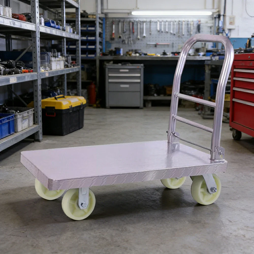 GROVIA Heavy-Duty Steel Platform Trolley - 73/90cm, 6-Inch Nylon Wheels, 350/450kg Load Capacity, Industrial Warehouse Transport - Silver - Image 4