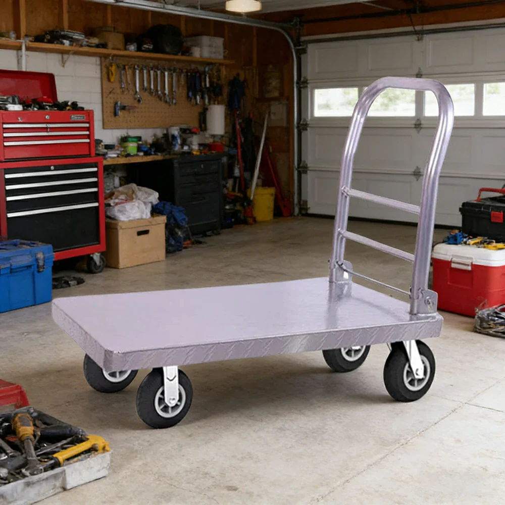 GROVIA Heavy-Duty Steel Platform Trolley - 73/90cm, 6-Inch Black Rubber Wheels Silent, 325/375kg Load Capacity, Industrial Warehouse Transport - Silver - Image 2