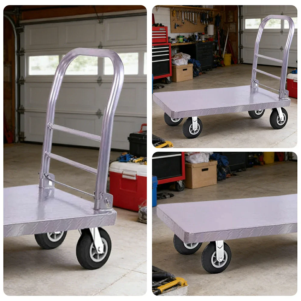 GROVIA Heavy-Duty Steel Platform Trolley - 73/90cm, 6-Inch Black Rubber Wheels Silent, 325/375kg Load Capacity, Industrial Warehouse Transport - Silver - Image 3