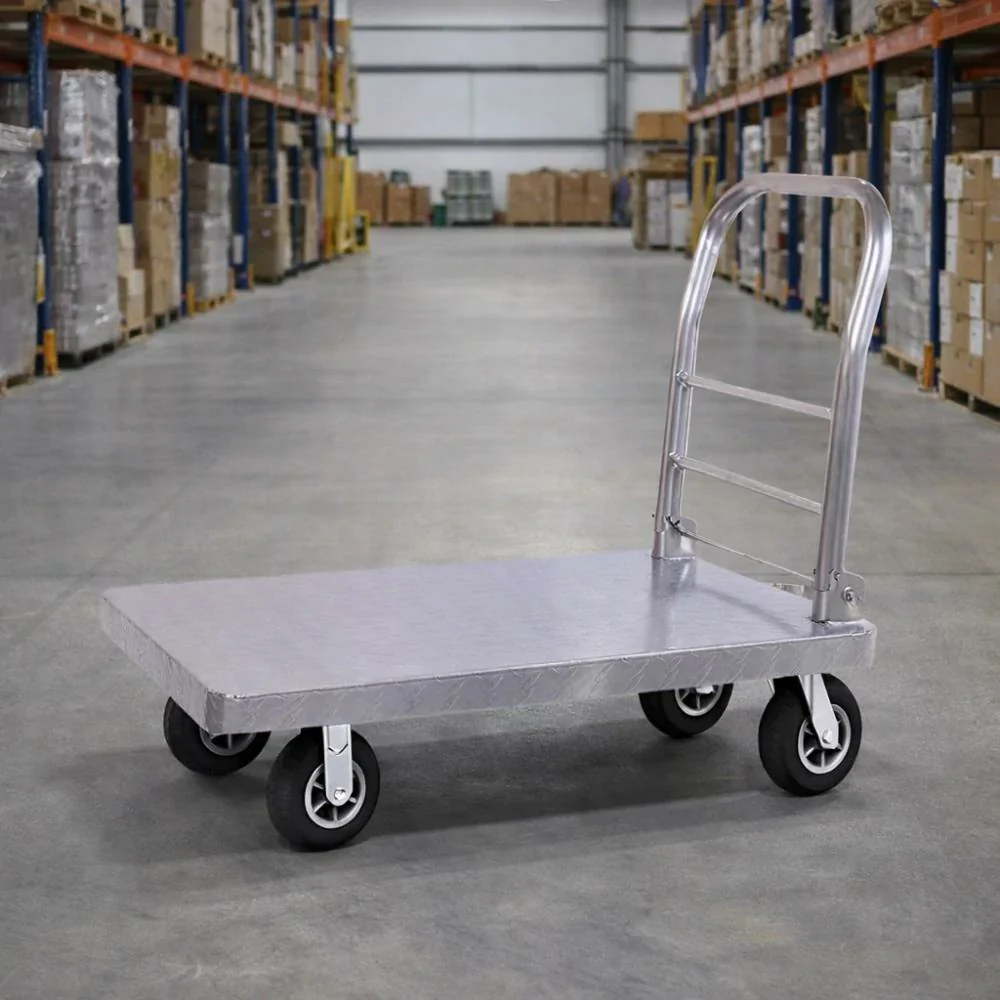 GROVIA Heavy-Duty Steel Platform Trolley - 73/90cm, 6-Inch Black Rubber Wheels Silent, 325/375kg Load Capacity, Industrial Warehouse Transport - Silver - Image 4