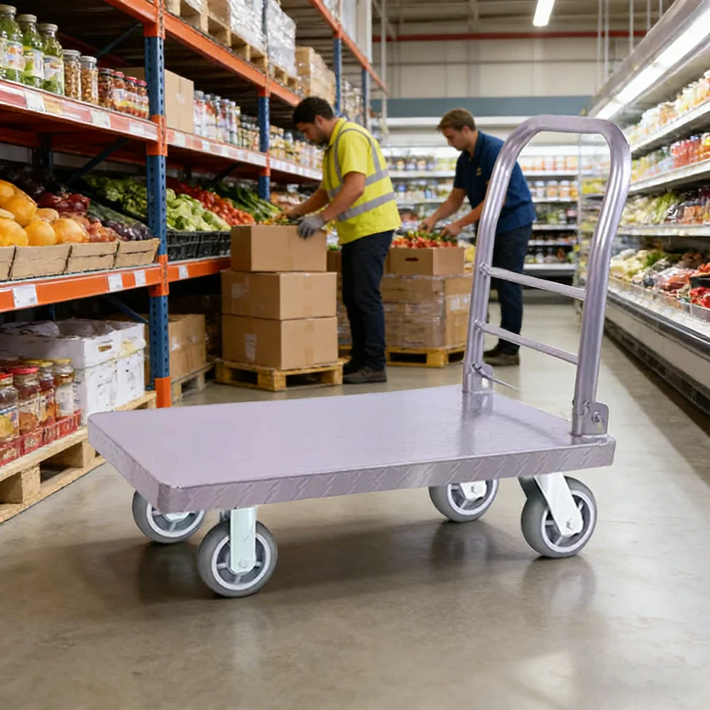 GROVIA Heavy-Duty Steel Platform Trolley - 73/90cm, Effort-Saving Silent 6-Inch Grey Rubber Wheels, 350/450kg Load Capacity, Industrial Warehouse Transport - Silver - Image 2