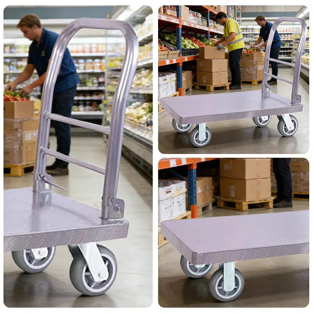 GROVIA Heavy-Duty Steel Platform Trolley - 73/90cm, Effort-Saving Silent 6-Inch Grey Rubber Wheels, 350/450kg Load Capacity, Industrial Warehouse Transport - Silver - Image 3