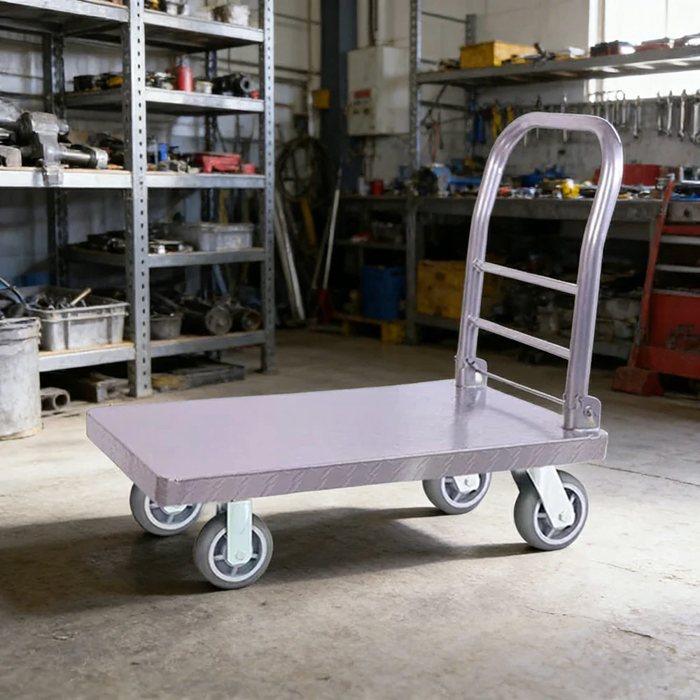GROVIA Heavy-Duty Steel Platform Trolley - 73/90cm, Effort-Saving Silent 6-Inch Grey Rubber Wheels, 350/450kg Load Capacity, Industrial Warehouse Transport - Silver - Image 4