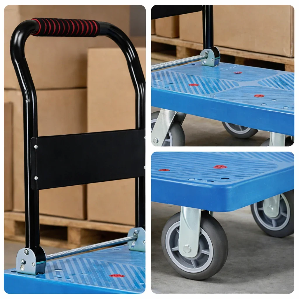 GROVIA Heavy-Duty Folding Platform Trolley - 90/110cm, 8-Inch Grey Rubber Solid Wheels, Ultra-Quiet, 450/600kg Load Capacity, Electroplated Steel Handle - Blue - Image 3