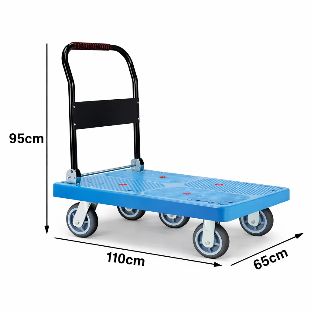 GROVIA Heavy-Duty Folding Platform Trolley - 90/110cm, 8-Inch Grey Rubber Solid Wheels, Ultra-Quiet, 450/600kg Load Capacity, Electroplated Steel Handle - Blue - Image 6