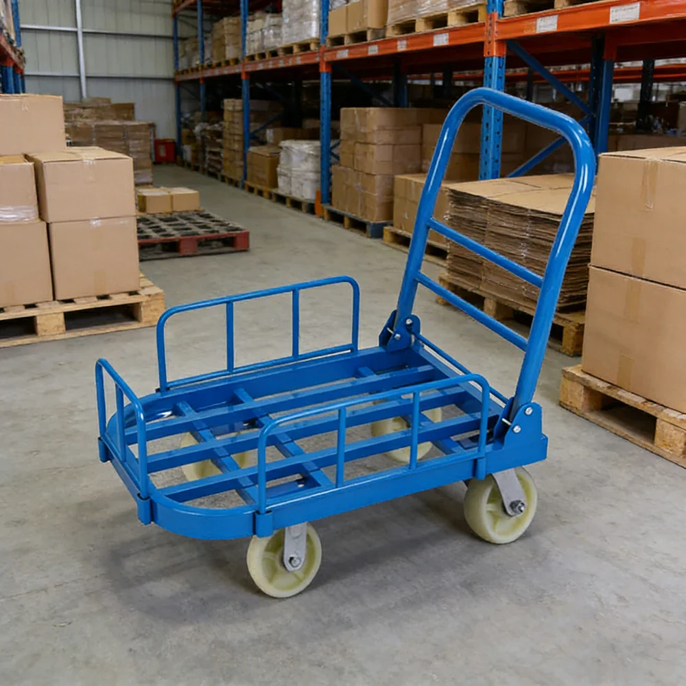 GROVIA Heavy-Duty Guard Rail Platform Trolley - 75/90cm, 6-Inch Nylon Wheels Non-Silent, 400/450kg Load Capacity, Industrial Warehouse Transport - Blue - Image 2