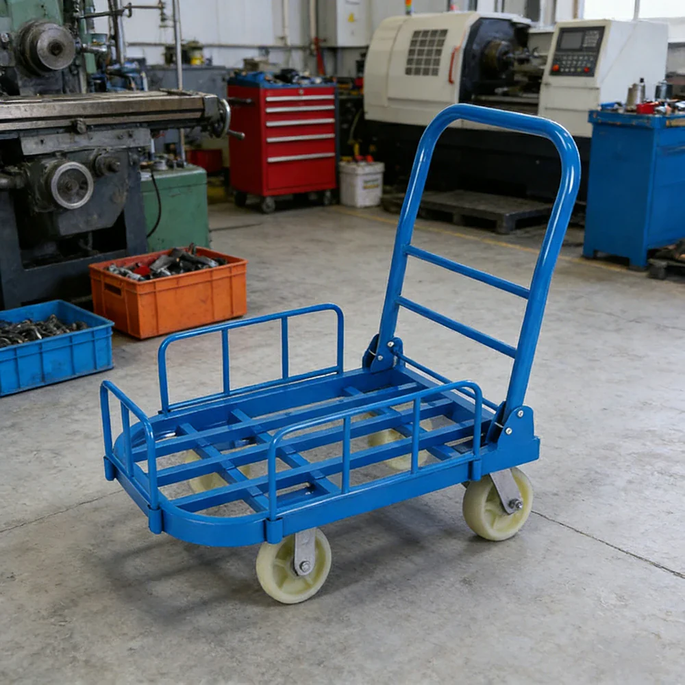 GROVIA Heavy-Duty Guard Rail Platform Trolley - 75/90cm, 6-Inch Nylon Wheels Non-Silent, 400/450kg Load Capacity, Industrial Warehouse Transport - Blue - Image 4