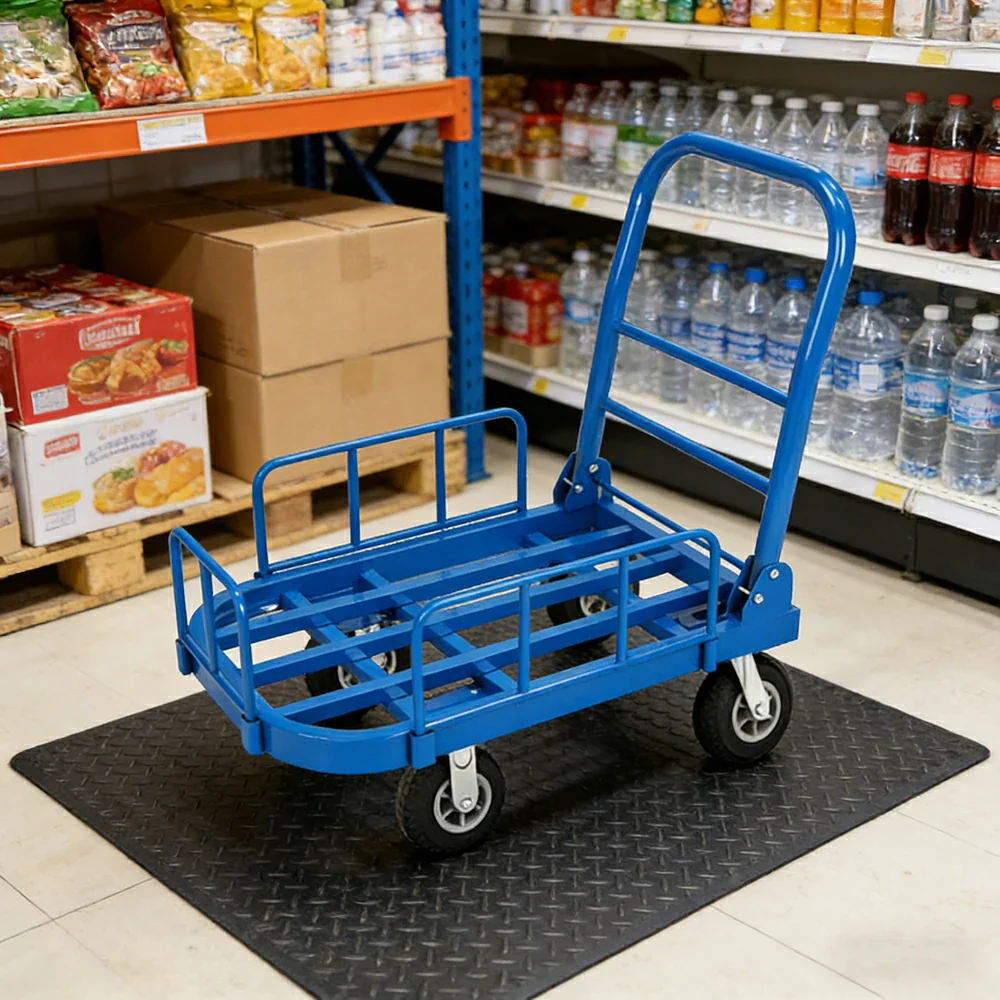 GROVIA Heavy-Duty Guard Rail Platform Trolley - 75/90cm, Fully Silent 6-Inch Black Rubber Wheels, 325/375kg Load Capacity, Warehouse & Logistics Transport - Blue - Image 2