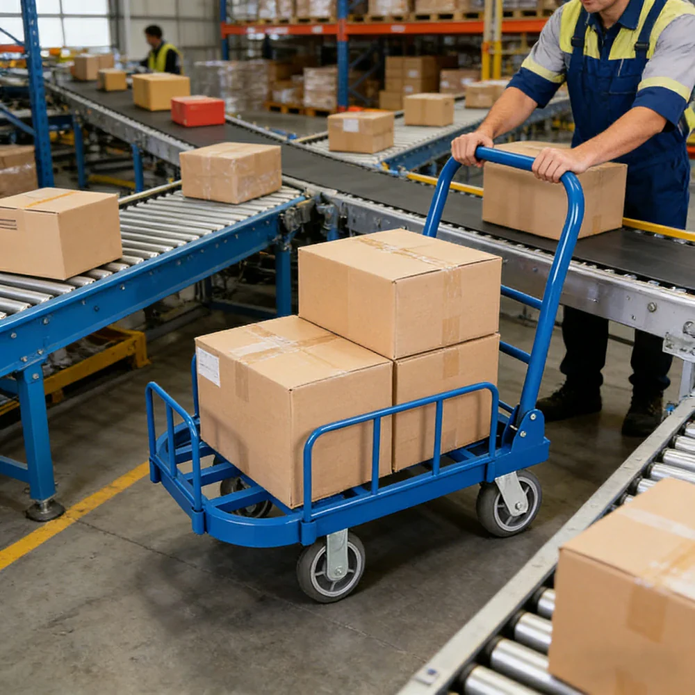 GROVIA Heavy-Duty Guard Rail Platform Trolley - 75/90cm, Ultra-Quiet 6-Inch Effort-Saving Wheels, 425/500kg Load Capacity, Warehouse & Logistics Transport - Blue - Image 2