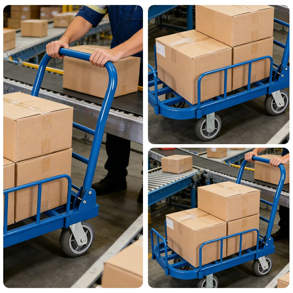 GROVIA Heavy-Duty Guard Rail Platform Trolley - 75/90cm, Ultra-Quiet 6-Inch Effort-Saving Wheels, 425/500kg Load Capacity, Warehouse & Logistics Transport - Blue - Image 5
