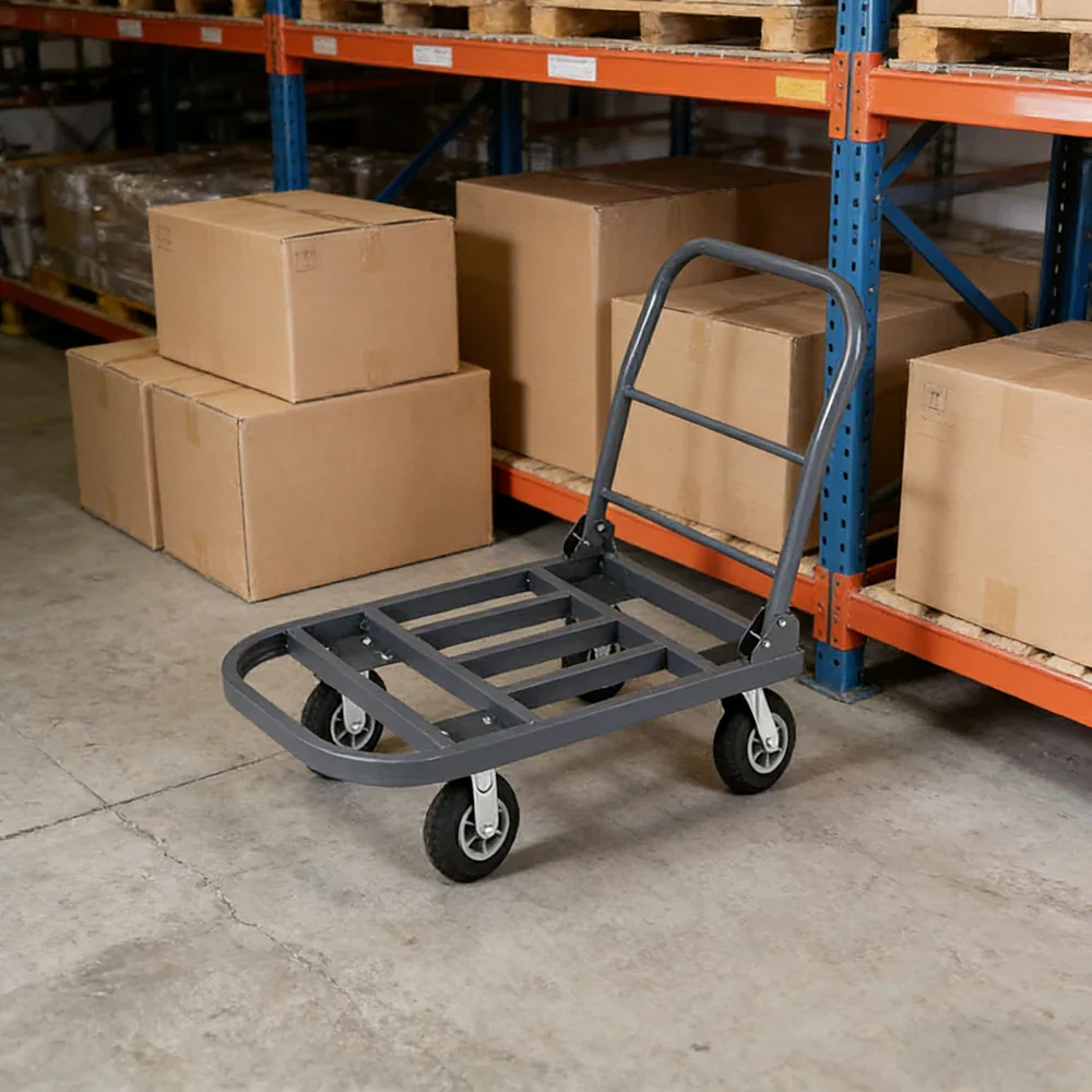 GROVIA Heavy-Duty Steel Tube Platform Trolley - 75/90cm, Ultra-Quiet 6-Inch Black Rubber Wheels, High Load Capacity, Warehouse Transport - Steel Grey - Image 2