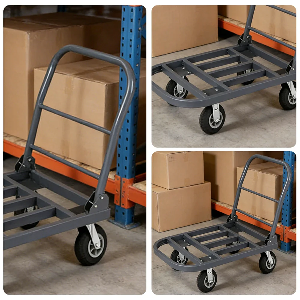 GROVIA Heavy-Duty Steel Tube Platform Trolley - 75/90cm, Ultra-Quiet 6-Inch Black Rubber Wheels, High Load Capacity, Warehouse Transport - Steel Grey - Image 3