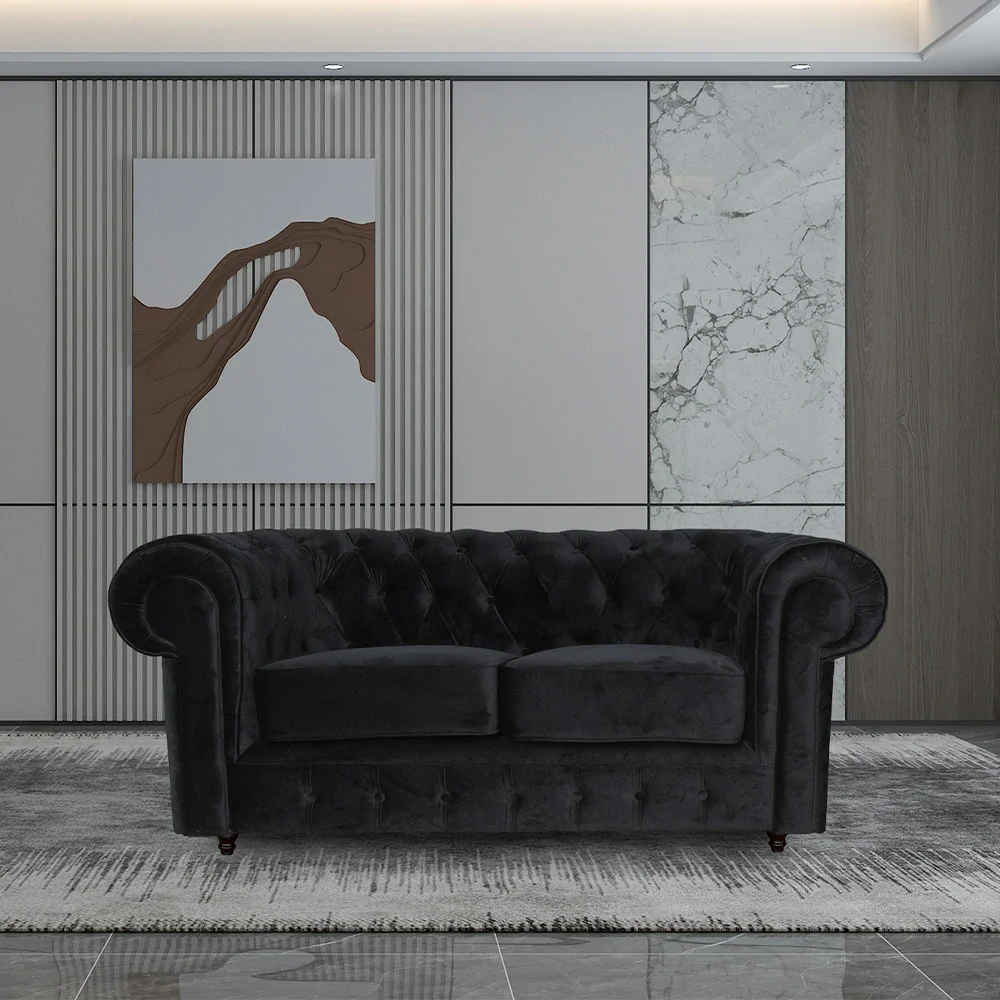 IVARA 181 Velvet 2-Seater Sofa 80cm Rolled Arms, Deep Button Tufting, Solid Timber Frame, Classic Chesterfield Design, Modern Elegance - Black - Image 2