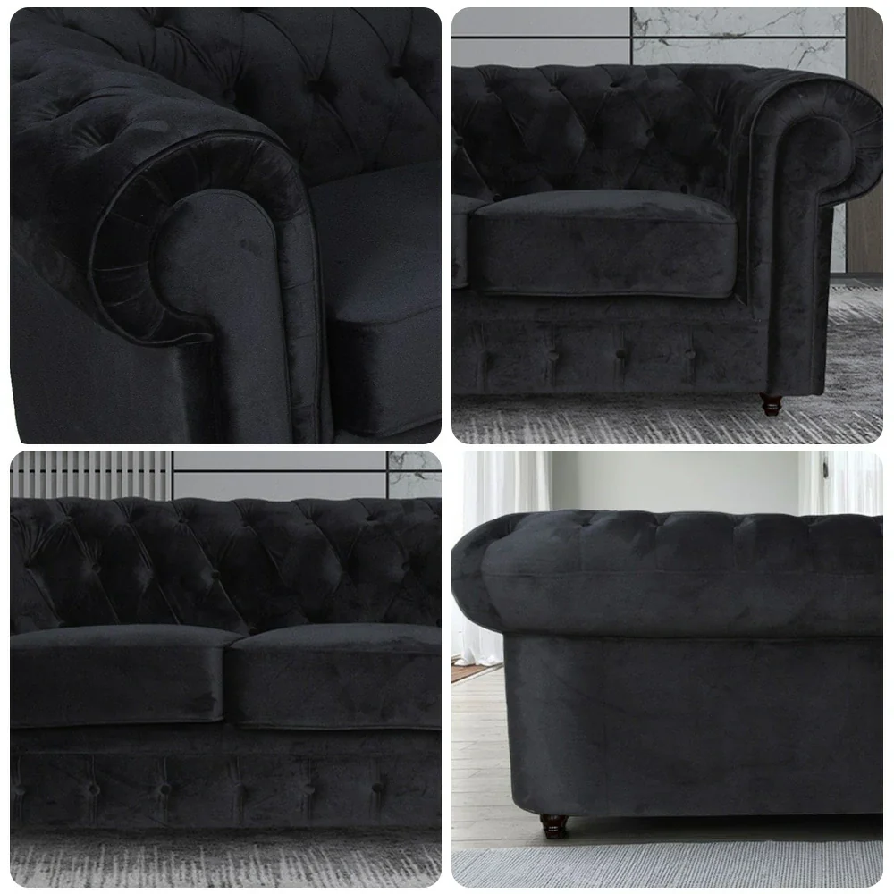 IVARA 181 Velvet 2-Seater Sofa 80cm Rolled Arms, Deep Button Tufting, Solid Timber Frame, Classic Chesterfield Design, Modern Elegance - Black - Image 3