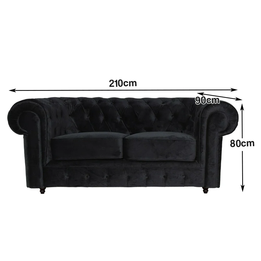 IVARA 181 Velvet 2-Seater Sofa 80cm Rolled Arms, Deep Button Tufting, Solid Timber Frame, Classic Chesterfield Design, Modern Elegance - Black - Image 5