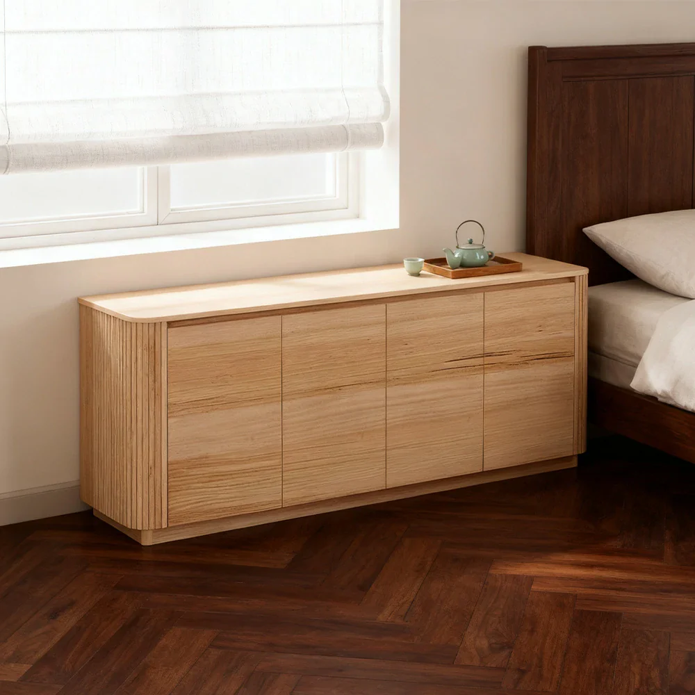 LIVARA 443 4-Door Buffet Sideboard - Premium Ash Veneer - Grooved Detailing - Rounded Corners - Modern Minimalist Design - Natural Finish - Image 2