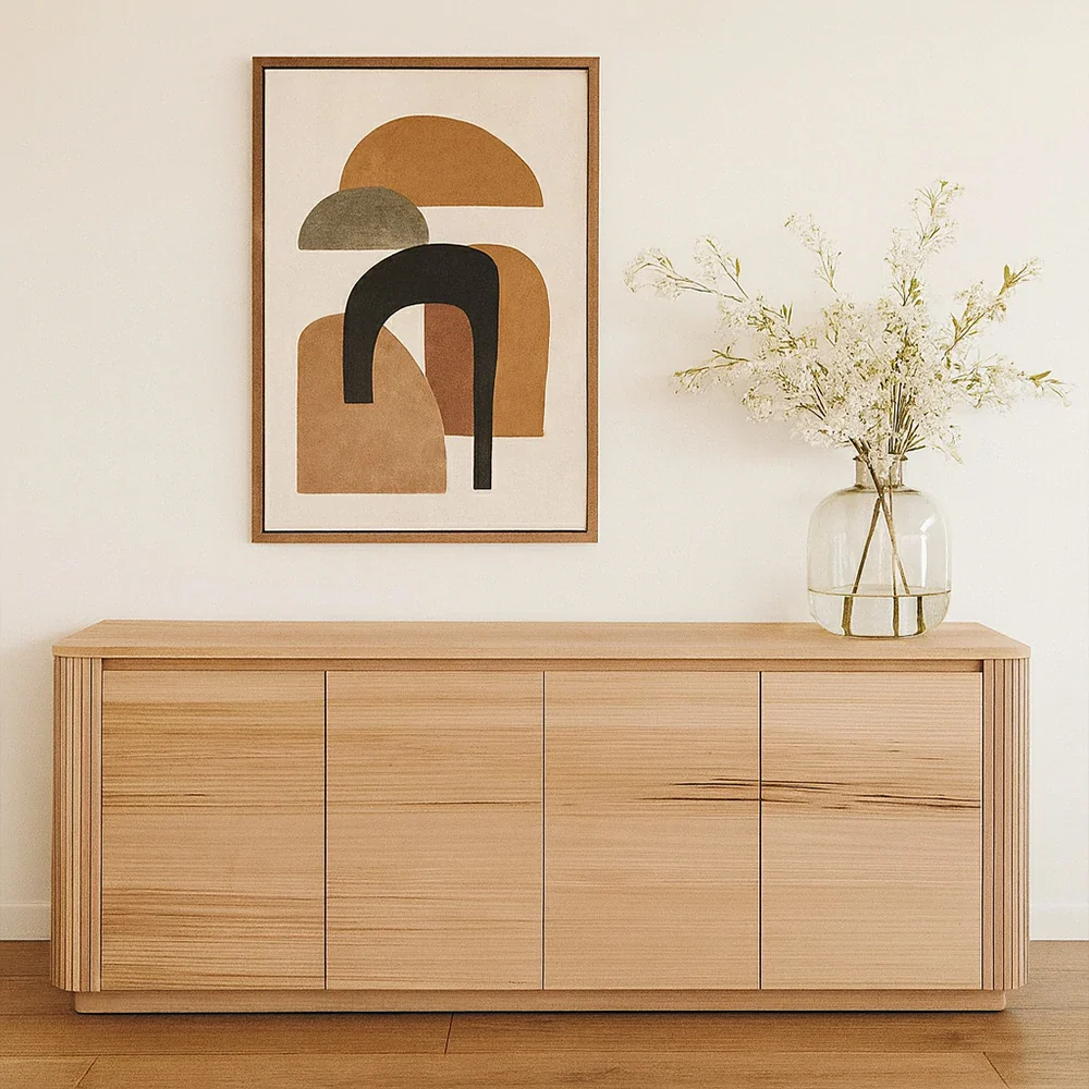 LIVARA 443 4-Door Buffet Sideboard - Premium Ash Veneer - Grooved Detailing - Rounded Corners - Modern Minimalist Design - Natural Finish - Image 4