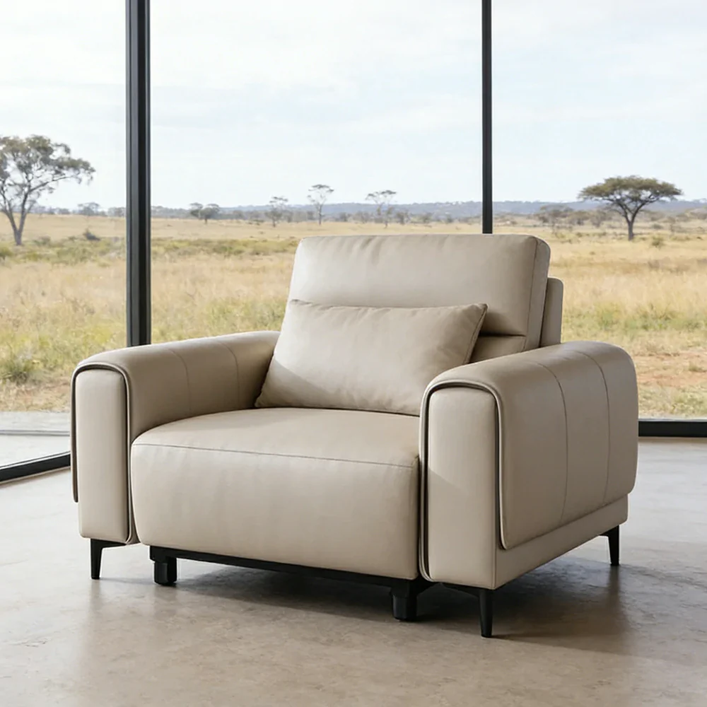 LIVARA Electric Recliner Sofa Wide-Angle Adjustment Top-Grain Leather Dual-Layer Comfort Cushion - Beige - Image 2