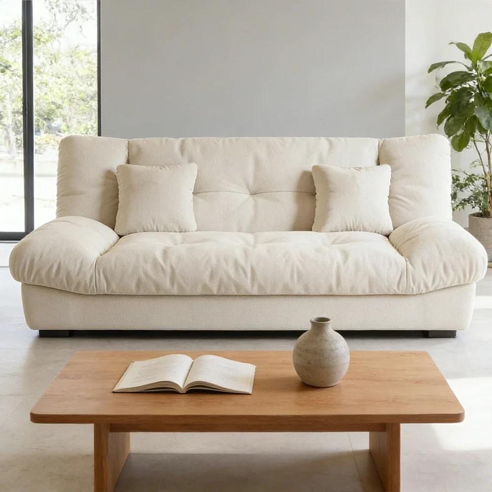 LIVARA 160/180cm Sofa Bed, Adjustable Backrest Design, Milk Velvet Upholstery, Solid Wood Frame, Armless Space-Saving Style - White - Image 2