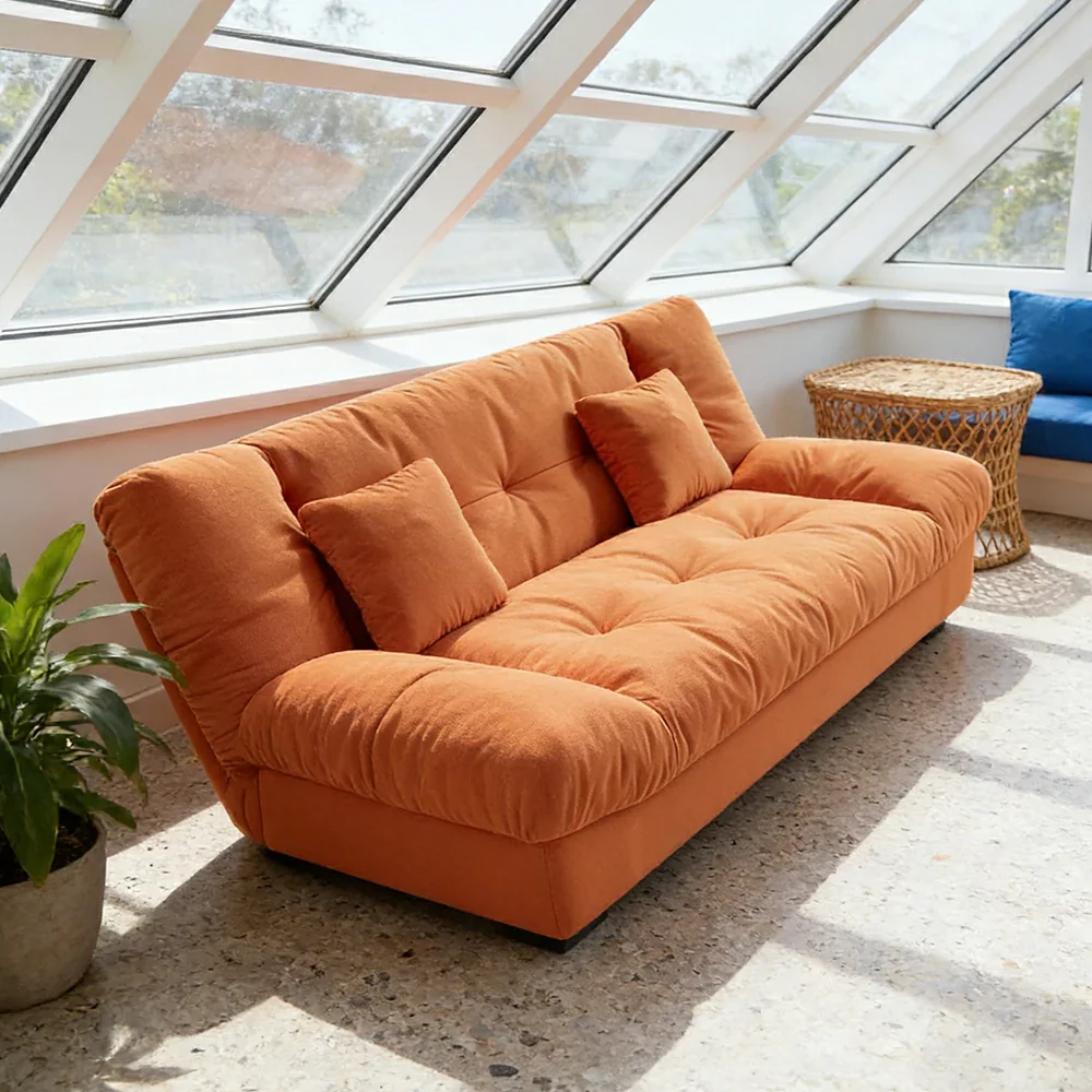 LIVARA 160/180cm Sofa Bed, Adjustable Backrest Design, Milk Velvet Upholstery, Solid Wood Frame, Armless Space-Saving Style - Orange - Image 4