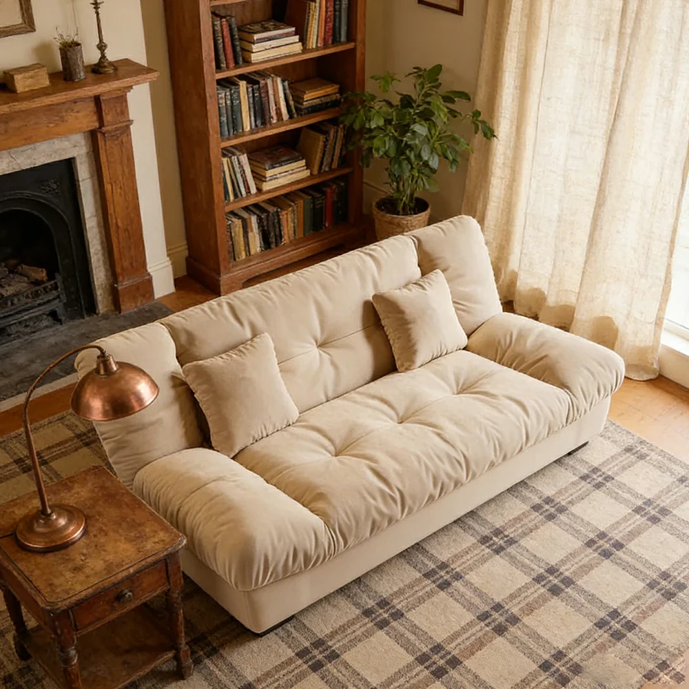 LIVARA 160/180cm Sofa Bed, Adjustable Backrest Design, Milk Velvet Upholstery, Solid Wood Frame, Armless Space-Saving Style - Khaki - Image 4