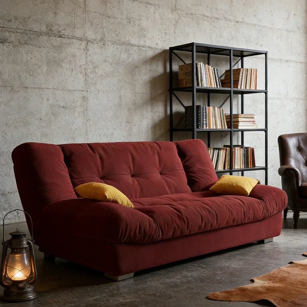LIVARA 160/180cm Sofa Bed, Adjustable Backrest Design, Milk Velvet Upholstery, Solid Wood Frame, Armless Space-Saving Style - Wine - Image 2