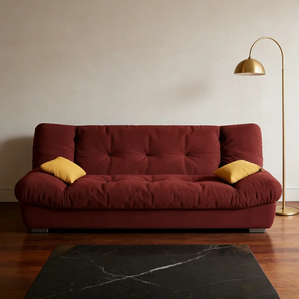 LIVARA 160/180cm Sofa Bed, Adjustable Backrest Design, Milk Velvet Upholstery, Solid Wood Frame, Armless Space-Saving Style - Wine - Image 4