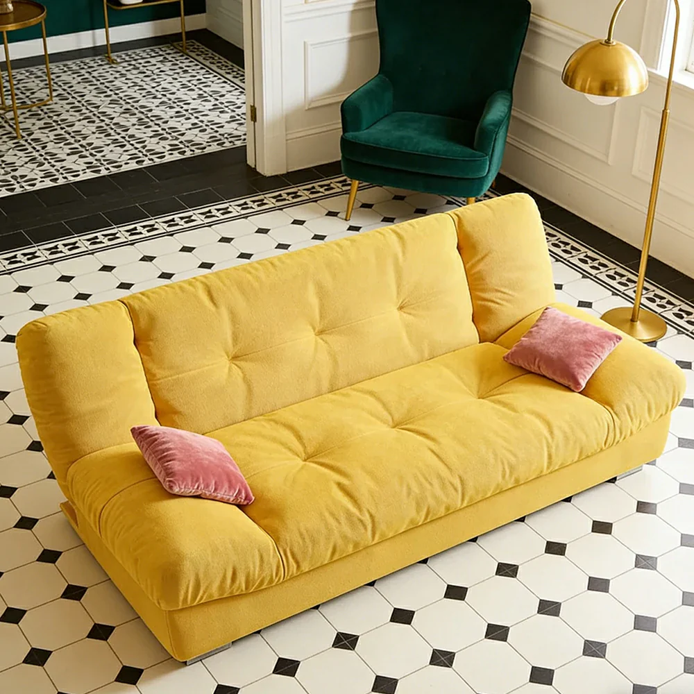 LIVARA 160/180cm Sofa Bed, Adjustable Backrest Design, Milk Velvet Upholstery, Solid Wood Frame, Armless Space-Saving Style - Yellow - Image 2